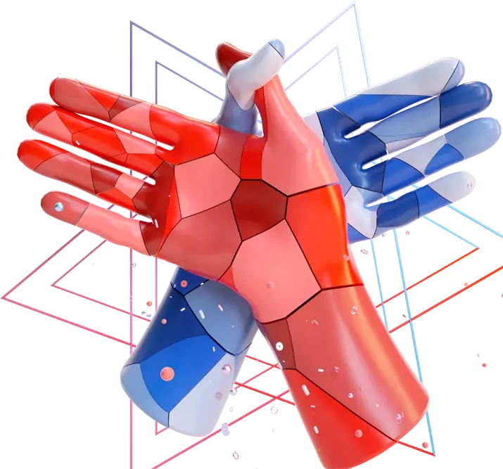 Two sculpted hands, one red and one blue, joined in a handshake
