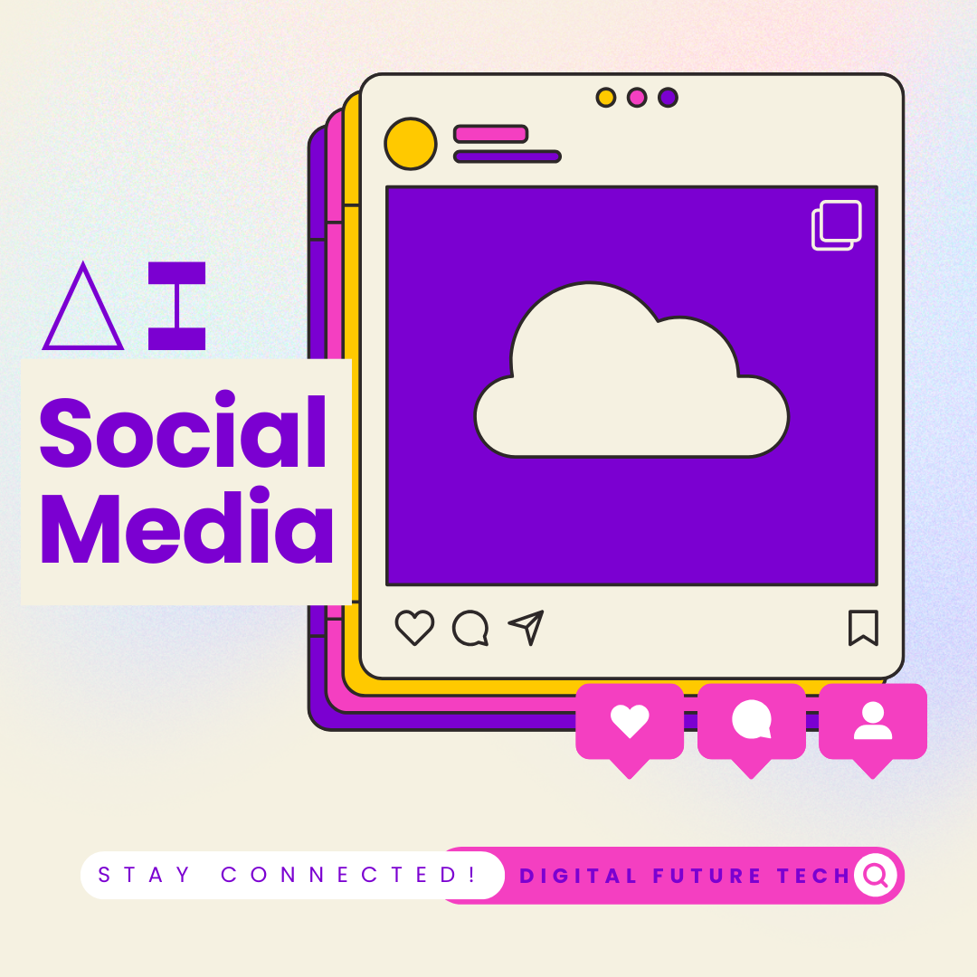 An illustration of AI for social media with a cloud icon, hearts, and comment bubbles.