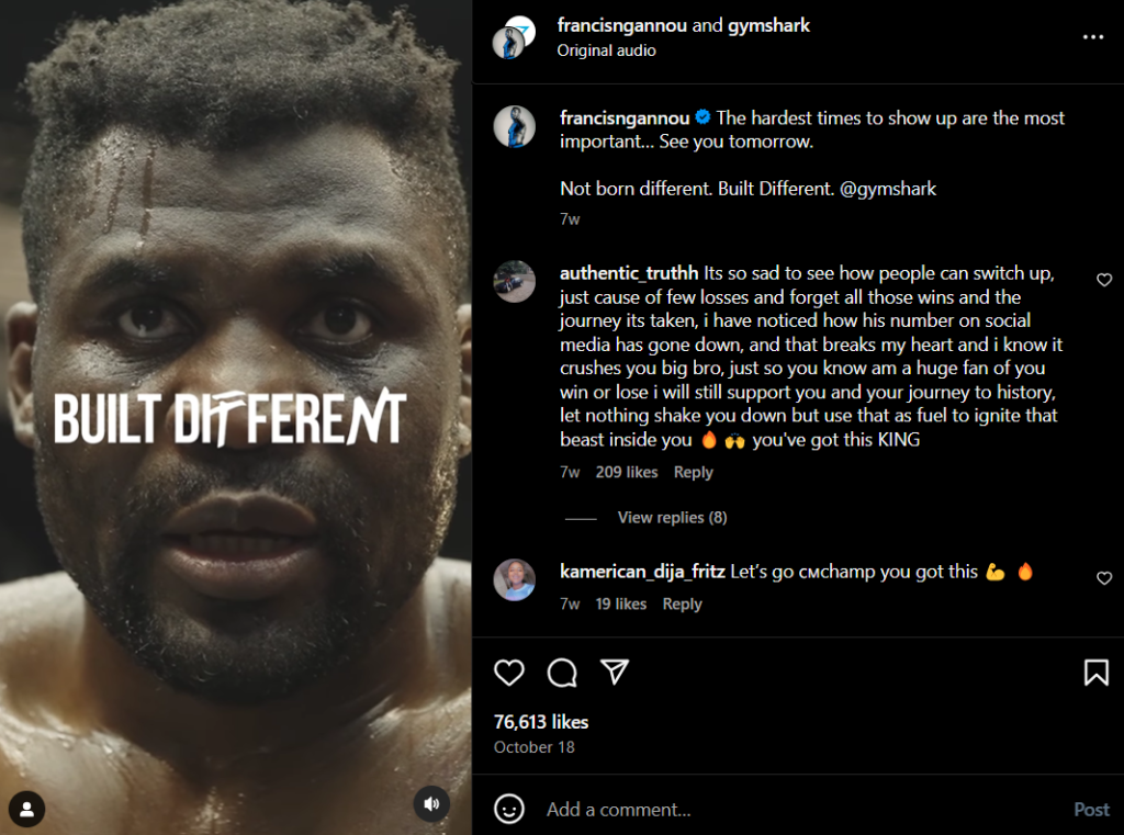 A comparison of Tiktok vs Instagram.
Gymshark's Instagram post showing a professional athlete, with the text, Build Different. 