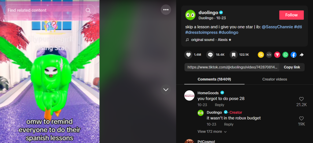 Image showing Duolingo's quirky Tiktok page