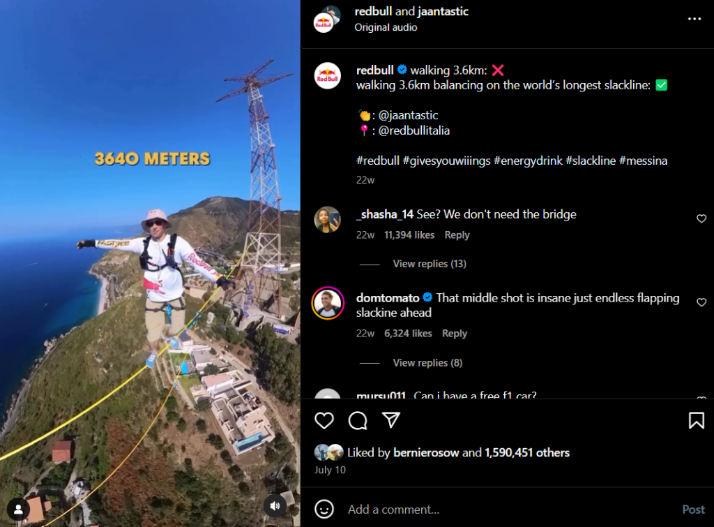 Image showing Red bull's adventurous Instagram post. A man is walking on a rope