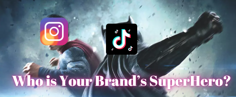 The image shows Tiktok and Instagram as Batman and Superman, engaged in a fight.